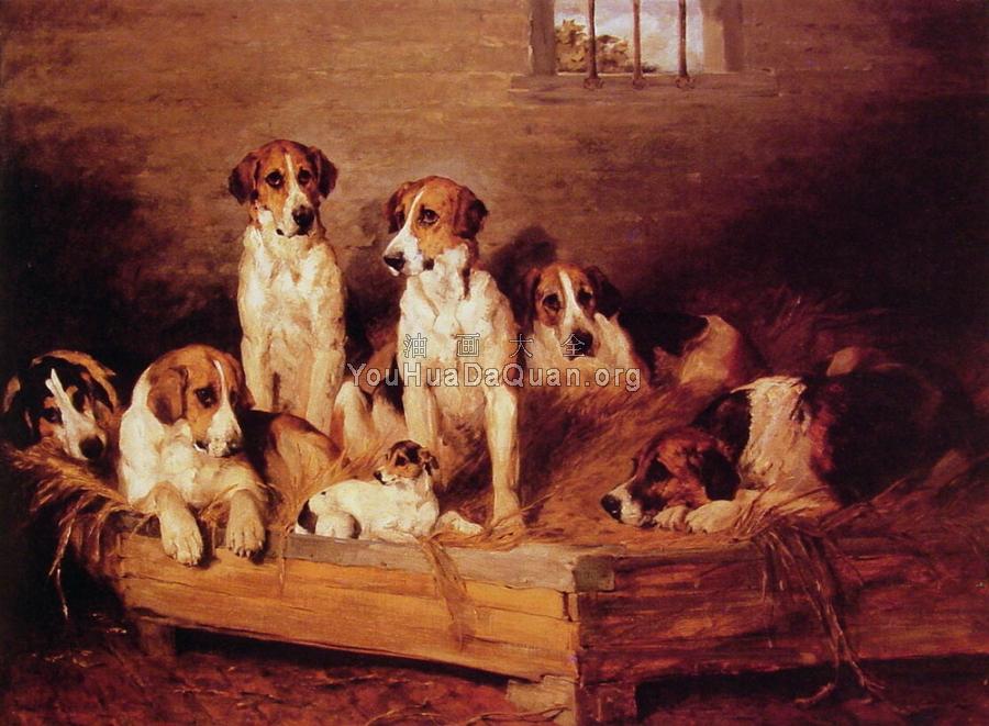 Foxhounds and Terriers in a Kennel - 约翰·伊姆斯